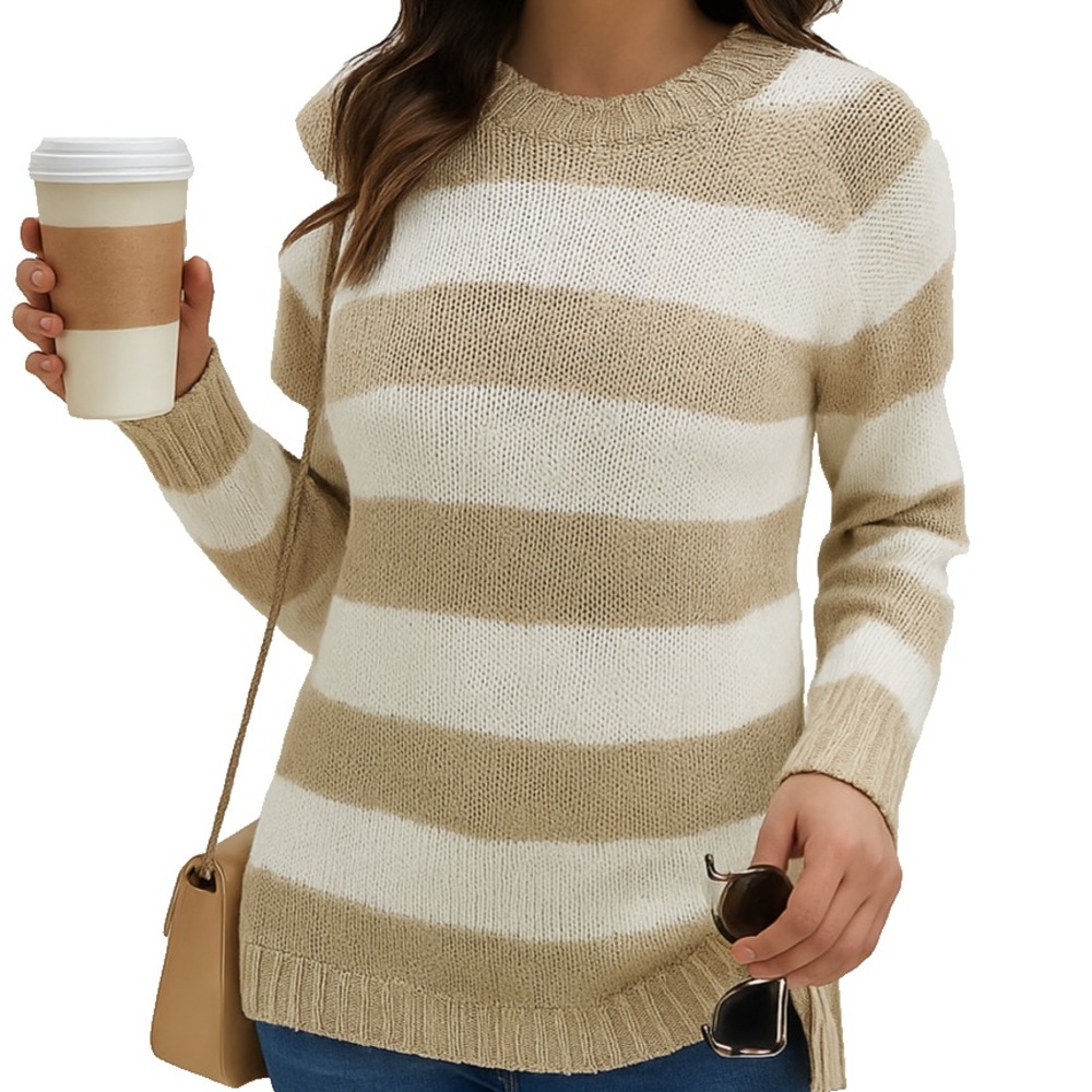 NWT Womens L Beige White Striped Sweater Long Sleeve Knit Top Cozy Preppy
